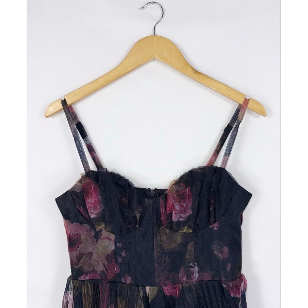 Lulus Alluring Invite Floral Pleated Bustier Midi Dress Women's Medium Navy Blue - Picture 4 of 16
